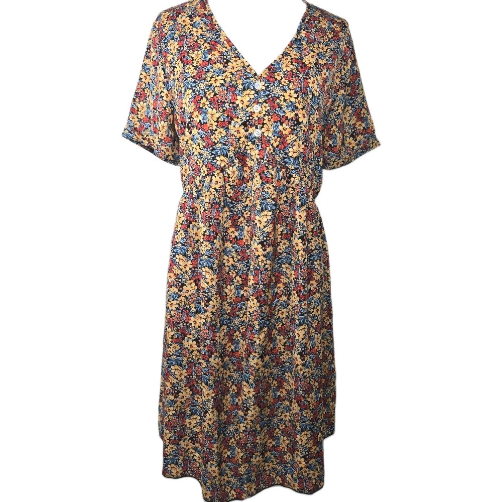 Pretty Garden Floral V-neck Lightweight Short Sleeve Baby Doll‎ Dress Size Large